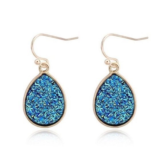 NEW! Sparkling Blue Faux Druzy Gemstone Gold Dangling Earrings - GIFT - Picture 5 of 5